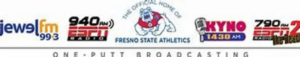 jewel fm 99.3 logo, 940 AM ESPN Radio logo, Fresno State Athletics logo, KYNO 1430 AM logo, One Putt Broadcasting